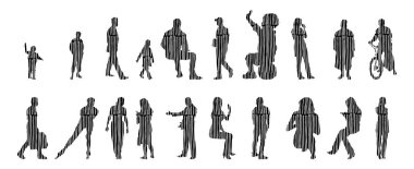 Vektör siluetleri, insanların ana hatları, Contour çizimleri, insanların siluetleri, ikon kümesi izole edilmiş, oturan insanların silueti, mimari set