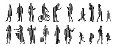 Vektör siluetleri, insanların ana hatları, Contour çizimleri, insanların siluetleri, ikon kümesi izole edilmiş, oturan insanların silueti, mimari set