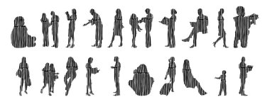 Vektör siluetleri, insanların ana hatları, Contour çizimleri, insanların siluetleri, ikon kümesi izole edilmiş, oturan insanların silueti, mimari set