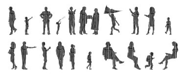 Vektör siluetleri, insanların ana hatları, Contour çizimleri, insanların siluetleri, ikon kümesi izole edilmiş, oturan insanların silueti, mimari set