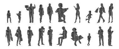 Vektör siluetleri, insanların ana hatları, Contour çizimleri, insanların siluetleri, ikon kümesi izole edilmiş, oturan insanların silueti, mimari set