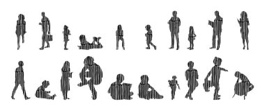 Vektör siluetleri, insanların ana hatları, Contour çizimleri, insanların siluetleri, ikon kümesi izole edilmiş, oturan insanların silueti, mimari set