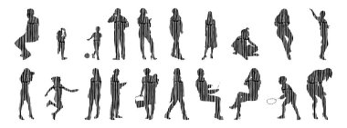 Vektör siluetleri, insanların ana hatları, Contour çizimleri, insanların siluetleri, ikon kümesi izole edilmiş, oturan insanların silueti, mimari set