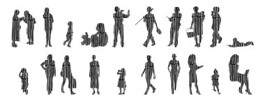 Vektör siluetleri, insanların ana hatları, Contour çizimleri, insanların siluetleri, ikon kümesi izole edilmiş, oturan insanların silueti, mimari set