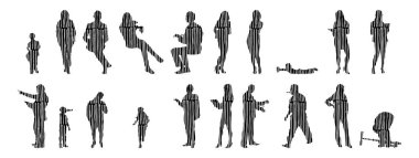 Vektör siluetleri, insanların ana hatları, Contour çizimleri, insanların siluetleri, ikon kümesi izole edilmiş, oturan insanların silueti, mimari set