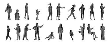 Vektör siluetleri, insanların ana hatları, Contour çizimleri, insanların siluetleri, ikon kümesi izole edilmiş, oturan insanların silueti, mimari set