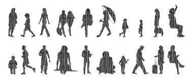 Vektör siluetleri, insanların ana hatları, Contour çizimleri, insanların siluetleri, ikon kümesi izole edilmiş, oturan insanların silueti, mimari set