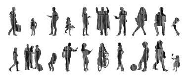 Vektör siluetleri, insanların ana hatları, Contour çizimleri, insanların siluetleri, ikon kümesi izole edilmiş, oturan insanların silueti, mimari set