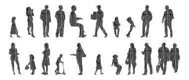 Vektör siluetleri, insanların ana hatları, Contour çizimleri, insanların siluetleri, ikon kümesi izole edilmiş, oturan insanların silueti, mimari set