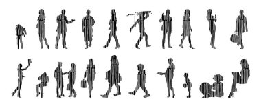 Vektör siluetleri, insanların ana hatları, Contour çizimleri, insanların siluetleri, ikon kümesi izole edilmiş, oturan insanların silueti, mimari set