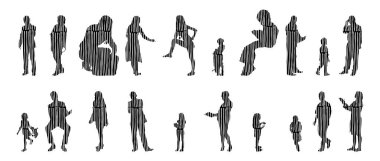 Vektör siluetleri, insanların ana hatları, Contour çizimleri, insanların siluetleri, ikon kümesi izole edilmiş, oturan insanların silueti, mimari set