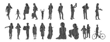 Vektör siluetleri, insanların ana hatları, Contour çizimleri, insanların siluetleri, ikon kümesi izole edilmiş, oturan insanların silueti, mimari set