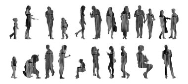 Vektör siluetleri, insanların ana hatları, Contour çizimleri, insanların siluetleri, ikon kümesi izole edilmiş, oturan insanların silueti, mimari set