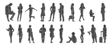 Vektör siluetleri, insanların ana hatları, Contour çizimleri, insanların siluetleri, ikon kümesi izole edilmiş, oturan insanların silueti, mimari set