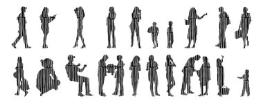 Vektör siluetleri, insanların ana hatları, Contour çizimleri, insanların siluetleri, ikon kümesi izole edilmiş, oturan insanların silueti, mimari set