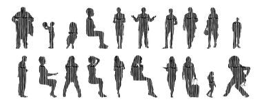 Vektör siluetleri, insanların ana hatları, Contour çizimleri, insanların siluetleri, ikon kümesi izole edilmiş, oturan insanların silueti, mimari set