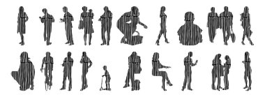 Vektör siluetleri, insanların ana hatları, Contour çizimleri, insanların siluetleri, ikon kümesi izole edilmiş, oturan insanların silueti, mimari set