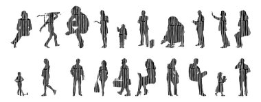 Vektör siluetleri, insanların ana hatları, Contour çizimleri, insanların siluetleri, ikon kümesi izole edilmiş, oturan insanların silueti, mimari set