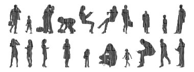 Vektör siluetleri, insanların ana hatları, Contour çizimleri, insanların siluetleri, ikon kümesi izole edilmiş, oturan insanların silueti, mimari set