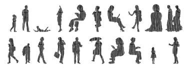 Vektör siluetleri, insanların ana hatları, Contour çizimleri, insanların siluetleri, ikon kümesi izole edilmiş, oturan insanların silueti, mimari set