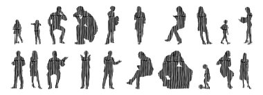 Vektör siluetleri, insanların ana hatları, Contour çizimleri, insanların siluetleri, ikon kümesi izole edilmiş, oturan insanların silueti, mimari set