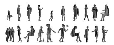 Vektör siluetleri, insanların ana hatları, Contour çizimleri, insanların siluetleri, ikon kümesi izole edilmiş, oturan insanların silueti, mimari set