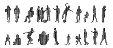 Vektör siluetleri, insanların ana hatları, Contour çizimleri, insanların siluetleri, ikon kümesi izole edilmiş, oturan insanların silueti, mimari set