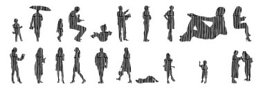 Vektör siluetleri, insanların ana hatları, Contour çizimleri, insanların siluetleri, ikon kümesi izole edilmiş, oturan insanların silueti, mimari set