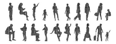 Vektör siluetleri, insanların ana hatları, Contour çizimleri, insanların siluetleri, ikon kümesi izole edilmiş, oturan insanların silueti, mimari set