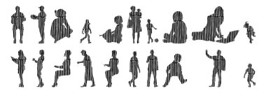 Vektör siluetleri, insanların ana hatları, Contour çizimleri, insanların siluetleri, ikon kümesi izole edilmiş, oturan insanların silueti, mimari set