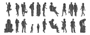 Vektör siluetleri, insanların ana hatları, Contour çizimleri, insanların siluetleri, ikon kümesi izole edilmiş, oturan insanların silueti, mimari set