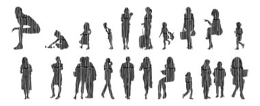 Vektör siluetleri, insanların ana hatları, Contour çizimleri, insanların siluetleri, ikon kümesi izole edilmiş, oturan insanların silueti, mimari set