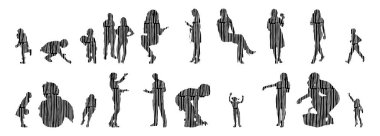 Vektör siluetleri, insanların ana hatları, Contour çizimleri, insanların siluetleri, ikon kümesi izole edilmiş, oturan insanların silueti, mimari set