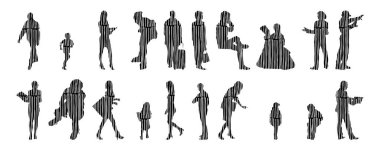 Vektör siluetleri, insanların ana hatları, Contour çizimleri, insanların siluetleri, ikon kümesi izole edilmiş, oturan insanların silueti, mimari set