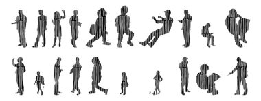 Vektör siluetleri, insanların ana hatları, Contour çizimleri, insanların siluetleri, ikon kümesi izole edilmiş, oturan insanların silueti, mimari set