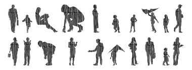 Vektör siluetleri, insanların ana hatları, Contour çizimleri, insanların siluetleri, ikon kümesi izole edilmiş, oturan insanların silueti, mimari set