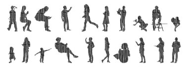 Vektör siluetleri, insanların ana hatları, Contour çizimleri, insanların siluetleri, ikon kümesi izole edilmiş, oturan insanların silueti, mimari set