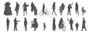 Vektör siluetleri, insanların ana hatları, Contour çizimleri, insanların siluetleri, ikon kümesi izole edilmiş, oturan insanların silueti, mimari set