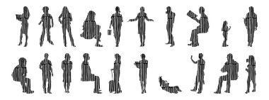 Vektör siluetleri, insanların ana hatları, Contour çizimleri, insanların siluetleri, ikon kümesi izole edilmiş, oturan insanların silueti, mimari set