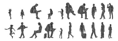 Vektör siluetleri, insanların ana hatları, Contour çizimleri, insanların siluetleri, ikon kümesi izole edilmiş, oturan insanların silueti, mimari set