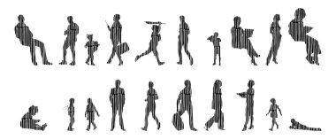 Vektör siluetleri, insanların ana hatları, Contour çizimleri, insanların siluetleri, ikon kümesi izole edilmiş, oturan insanların silueti, mimari set