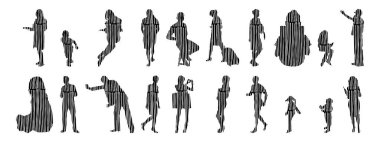 Vektör siluetleri, insanların ana hatları, Contour çizimleri, insanların siluetleri, ikon kümesi izole edilmiş, oturan insanların silueti, mimari set