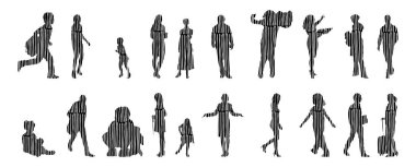 Vektör siluetleri, insanların ana hatları, Contour çizimleri, insanların siluetleri, ikon kümesi izole edilmiş, oturan insanların silueti, mimari set