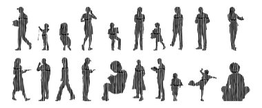 Vektör siluetleri, insanların ana hatları, Contour çizimleri, insanların siluetleri, ikon kümesi izole edilmiş, oturan insanların silueti, mimari set