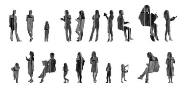 Vektör siluetleri, insanların ana hatları, Contour çizimleri, insanların siluetleri, ikon kümesi izole edilmiş, oturan insanların silueti, mimari set