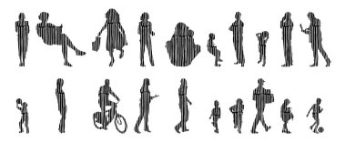 Vektör siluetleri, insanların ana hatları, Contour çizimleri, insanların siluetleri, ikon kümesi izole edilmiş, oturan insanların silueti, mimari set