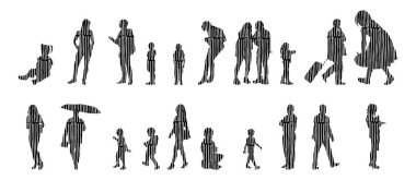 Vektör siluetleri, insanların ana hatları, Contour çizimleri, insanların siluetleri, ikon kümesi izole edilmiş, oturan insanların silueti, mimari set