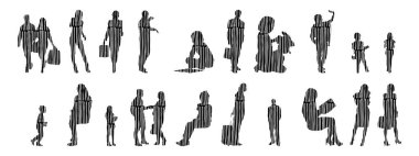 Vektör siluetleri, insanların ana hatları, Contour çizimleri, insanların siluetleri, ikon kümesi izole edilmiş, oturan insanların silueti, mimari set