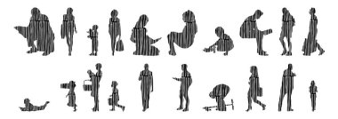 Vektör siluetleri, insanların ana hatları, Contour çizimleri, insanların siluetleri, ikon kümesi izole edilmiş, oturan insanların silueti, mimari set