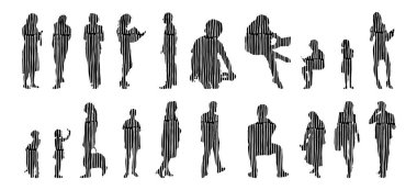 Vektör siluetleri, insanların ana hatları, Contour çizimleri, insanların siluetleri, ikon kümesi izole edilmiş, oturan insanların silueti, mimari set